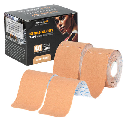Kinesiology Tape (40 Cotton Precut Strips) - Waterproof, Breathable, and Latex-Free Elastic Sports Tape for Gym, Hiking, Outdoors, Sports, Muscle and Joints Support