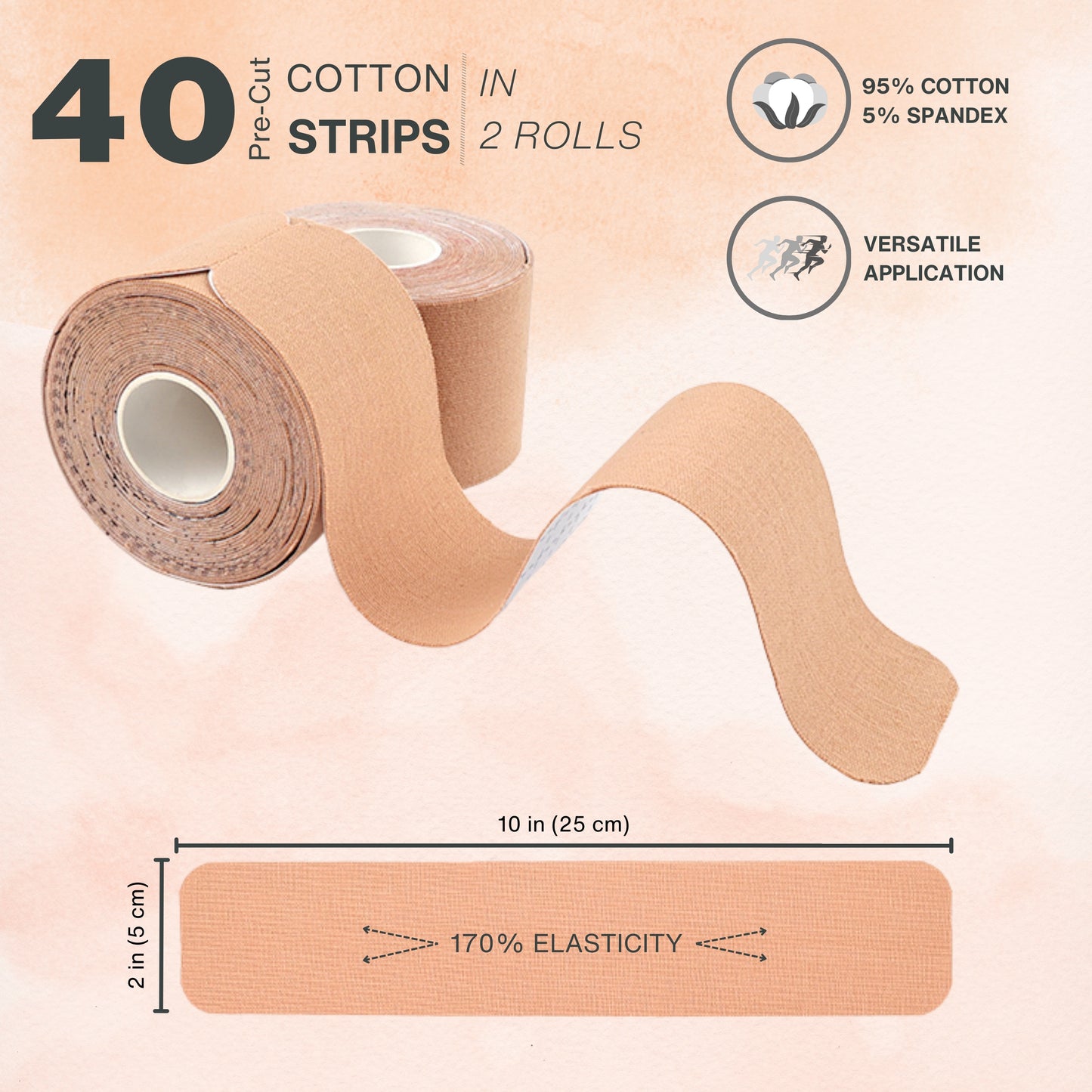 Kinesiology Tape (40 Cotton Precut Strips) - Waterproof, Breathable, and Latex-Free Elastic Sports Tape for Gym, Hiking, Outdoors, Sports, Muscle and Joints Support