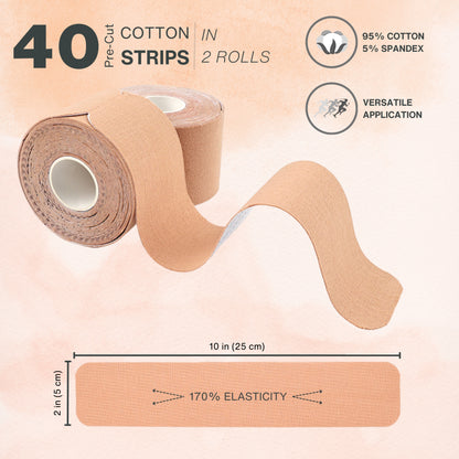 Kinesiology Tape (40 Cotton Precut Strips) - Waterproof, Breathable, and Latex-Free Elastic Sports Tape for Gym, Hiking, Outdoors, Sports, Muscle and Joints Support